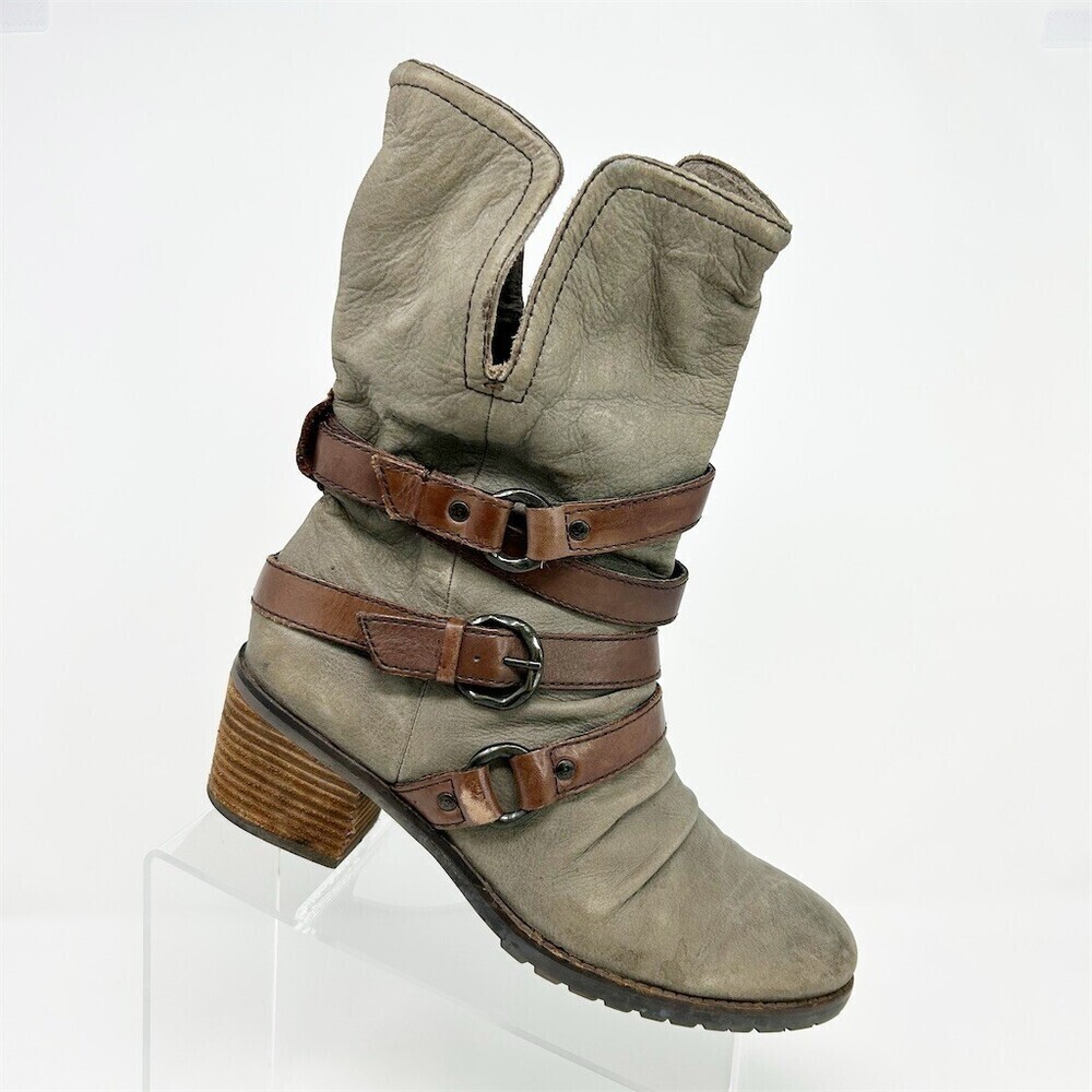 OTBT Berkshire Mid-Calf Moto Biker Heeled Boots Gray Taupe Triple Buckle 8.5